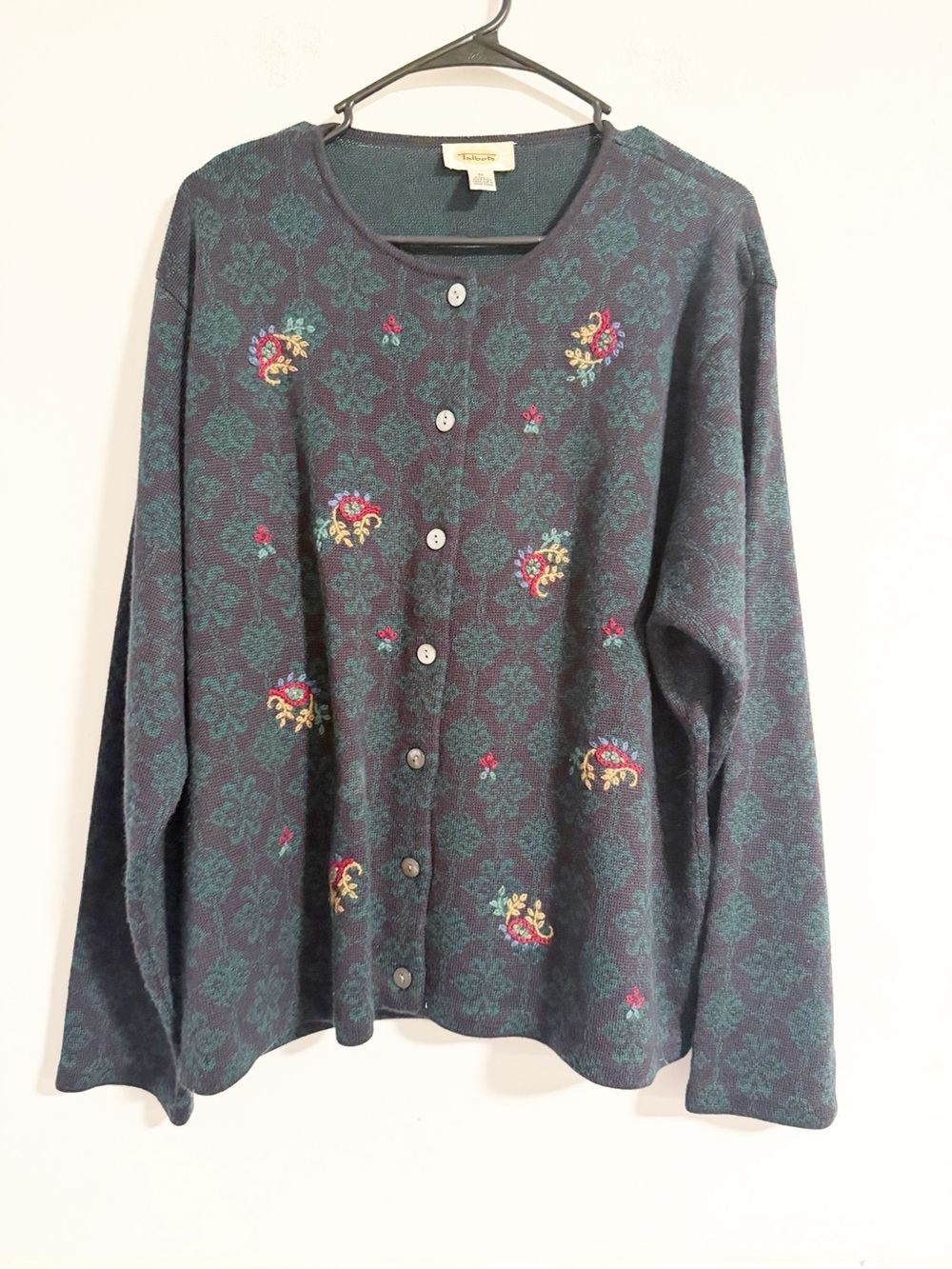 Vintage Talbots XL Green Floral Embroidered Button Front Cardigan Wool Blend